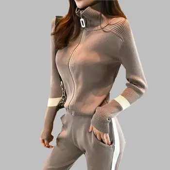 Новые женские вязаные кардиганы на молнии, брюки-карандаш, женские модные спортивные костюмы, тонкие куртки, комплекты брюк
