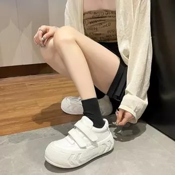 Новые женские вулканизированные повседневные спортивные туфли на толстой подошве с липучкой, однотонные женские туфли с плоским дном и круглым носком, низкие туфли 35