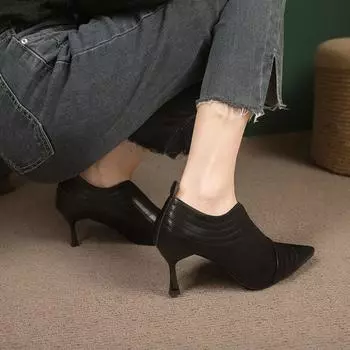 Новые женские высокие каблуки ботильоны с острым носком тонкие каблуки зимние туфли черные эластичные ботильоны без застежек 35 абрикосовый