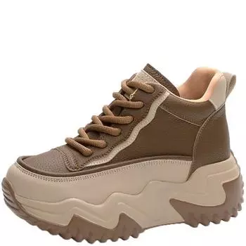 Новые женские высокие кроссовки из натуральной кожи 7,5 см, осенне-зимние кроссовки на танкетке, повседневные туфли на платформе из вулканизированной стали со шнуровкой и толстой подошвой 33 коричневый