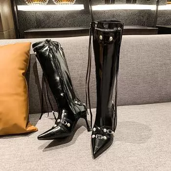 Новые женские высокие сапоги в стиле рыцаря, модные женские элегантные длинные ботинки с острым носком и молниями по бокам, женская обувь 35