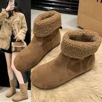 Новые женские зимние ботильоны на плоской подошве с мехом, повседневная обувь для женщин 2025 года, зимние теплые удобные кроссовки для ходьбы, мотоциклетные ботинки для женщин 35 каштановый