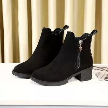 Новые женские зимние ботинки на толстой подошве, женские повседневные зимние ботинки в британском стиле, новые женские зимние ботинки Plus Velvet на среднем каблуке 5 чёрный