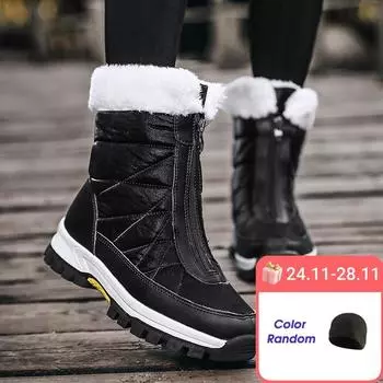 Новые женские зимние ботинки, утепленные повседневные теплые повседневные ботинки средней длины, нескользящие и водонепроницаемые 35 чёрный