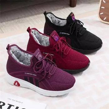 Новые женские зимние кроссовки на меховой подкладке. Теплые дышащие слипоны для женщин. Легкая повседневная спортивная обувь на толстом флисе на шнуровке. 35