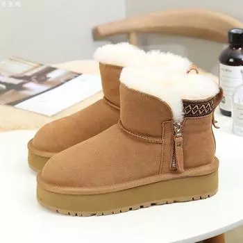 Новые женские зимние сапоги 2024 года, зимние толстые теплые хлопковые сапоги, модные повседневные нескользящие сапоги на молнии для девочек, студенческие плюшевые теплые хлопковые туфли 35 чёрный