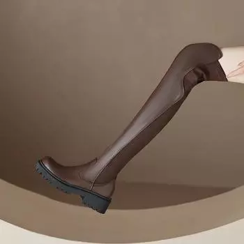 Новые женские зимние сапоги на молнии, женские синтетические сапоги выше колена, туфли на квадратном среднем каблуке 35