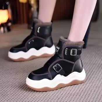 Новые женские зимние сапоги с толстой подошвой, женские зимние бархатные повседневные теплые сапоги, модные готические туфли с пряжкой на ремне, ботильоны для женщин 35 чёрный