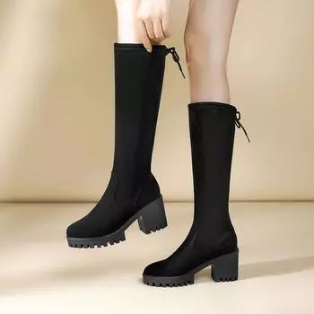 Новые женские зимние теплые ботинки на длинной трубке, уличные противоскользящие флисовые ботинки на толстой подошве на высоком каблуке для женщин, эластичные сапоги на высоком каблуке
