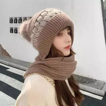 Новые женские зимние теплые шапки, шапка и шарф, комплект дышащей кроличьей шерсти, вязаная шапка, шарф для женщин, шапки с теплой подкладкой 56-60cm