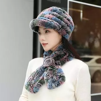 Новые женские зимние вязаные шапки из натурального меха кролика Рекс, шарфы, комплекты из 2 предметов, шапки-шарфы из натурального меха для девочек, качественные шапки-шубки из натурального меха elasticity(52cm-60cm) серый/красный