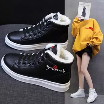 Новые зимние белые туфли из искусственной кожи с подкладкой из хлопка, женские повседневные студенческие кроссовки на толстой подошве, туфли с высокими кожаными вставками 38