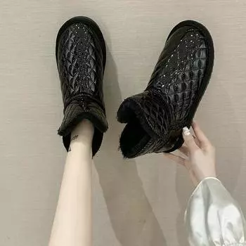 Новые зимние ботинки для женщин, зимние новые плюшевые утепленные короткие ботинки, красная сетка, непромокаемая хлопковая обувь на толстой подошве 35 чёрный