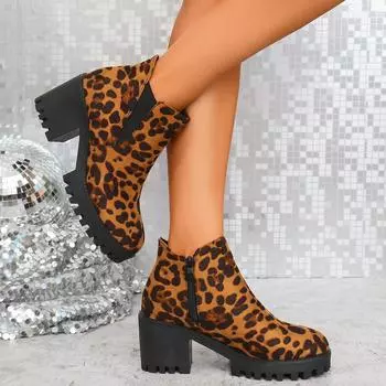 Новые зимние ботинки Martin с круглым носком и леопардовым принтом на толстом каблуке и низкой трубке 2024 года, осень и зима, новые женские ботинки 35 цветной печати леопарда