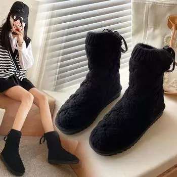 Новые зимние ботинки женские шерстяные со шнуровкой, с круглым носком, плюс бархатные утолщенные теплые нескользящие ботинки того же стиля, что и хлопковые ботинки Zhou Dongyu 35 чёрный