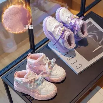 Новые зимние детские кроссовки для девочек и мальчиков, высокие кроссовки для серфинга, повседневные белые туфли 23 yards inner length about 14.5CM розовый