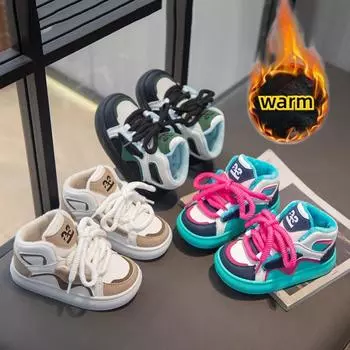 Новые зимние детские кроссовки средней высоты с подкладкой из утолщенного теплого хлопка 26 чёрный