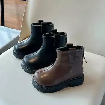 Новые зимние детские модные ботинки, плюшевые универсальные хлопковые ботинки для девочек, толстые однотонные детские повседневные кожаные ботинки с нескользящей подошвой 23 коричневый