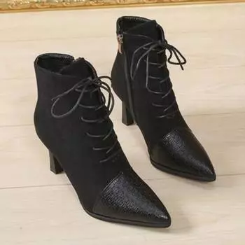 Новые зимние хлопковые ботинки на тонком каблуке, женские, замшевые, с острым носком, шнуровка спереди, боковая молния, нескользящие, износостойкие, короткие ботинки 35 чёрный