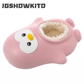 Новые зимние хлопковые тапочки для родителей и детей, детская мода, домашняя и уличная обувь с толстой подошвой и рисунком пингвина для мальчиков и девочек 15 чёрный