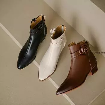 Новые зимние короткие сапоги на среднем каблуке, черные туфли, женские сапоги с острым носком, цветочно-абрикосовые плюшевые сапоги, женская обувь, туфли в стиле Лолиты 35 коричневый