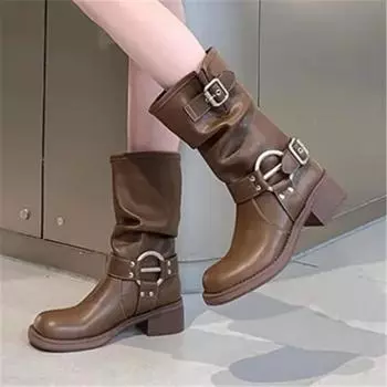 Новые зимние ковбойские сапоги для женщин, модные повседневные короткие сапоги без застежек, толстые современные ботинки Botas до середины икры коричневого цвета 35