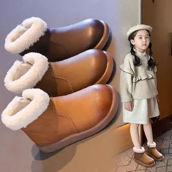 Новые зимние кожаные сапоги, бархатные, с мягкой подошвой, короткие сапоги для девочек, теплые хлопковые сапоги 23 коричневый