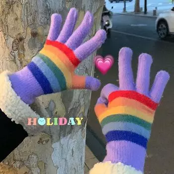 Новые зимние красочные полосатые перчатки для женщин, для езды на велосипеде и катания на лыжах, теплые и ветрозащитные, все включено, разделенные на пальцы, студенты могут управлять с помощью сенсорного экрана M