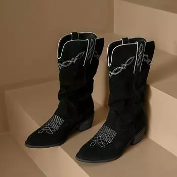 Новые зимние модные женские сапоги на низком каблуке, классный вышитый дизайн, мягкие короткие сапоги, сапоги до колена для вечеринок, розовые ковбойские сапоги 36 чёрный