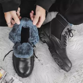Новые зимние мужские ботинки из натуральной кожи, теплые ботильоны из натурального меха, рабочая мужская обувь, непромокаемые зимние ботинки 39 чёрный