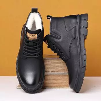 Новые зимние мужские ботинки из натуральной кожи с натуральным мехом, теплые ботильоны, рабочая мужская обувь, водонепроницаемые зимние ботинки из резины 6 коричневый