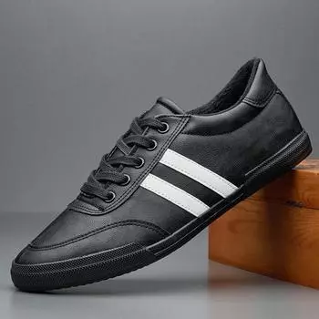 Новые зимние мужские ботинки с мягкой подкладкой из кожи на плоской подошве, повседневная обувь, модные полосатые кроссовки, сохраняющие тепло 39 чёрный