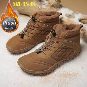 Новые зимние мужские зимние ботинки для женщин, зимние босиком, нескользящая обувь для улицы, теплые повседневные кроссовки, большие размеры, плюшевые ботильоны для пар 35 чёрный