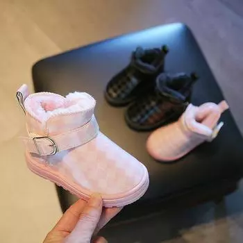 Новые зимние нескользящие ботинки для мальчиков и теплые длинные плюшевые повседневные туфли для девочек 21 чёрный