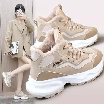 Новые зимние неуклюжие кроссовки женские на флисовой подкладке, 2023 г., туфли для доски со средним верхом, толстая подошва и теплая женская обувь, увеличивающая рост 35 хаки