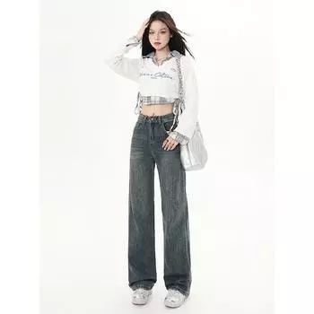 Новые зимние плюшевые/обычные джинсы, свободные и узкие, с высокой талией, с ощущением провисания и волочащиеся по полу прямые брюки XS