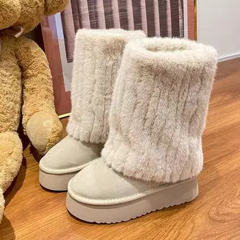 Новые зимние сапоги для женщин длиной до середины голени, нескользящие женские модные сапоги из меха и бархата, женские сапоги на толстой подошве 35 бежевый