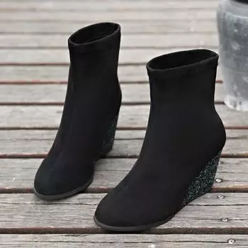 Новые зимние сапоги из хлопка на покатом каблуке, женские полусапожки с круглым носком и рукавами из фланелета, противоскользящие, износостойкие, короткие сапоги 35 чёрный