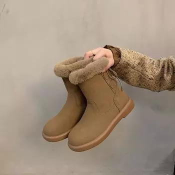 Новые зимние сапоги на низком каблуке, женские модные сапоги с круглым носком, замшевые, со шнуровкой сзади, противоскользящие, износостойкие, из хлопка 35