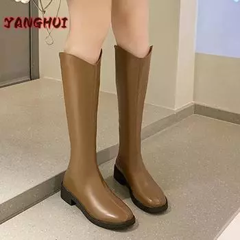 Новые зимние сапоги на толстой подошве длиной до колена, элегантные женские туфли на квадратном каблуке, теплые и универсальные, Nouveau Dans Les Bottes Pour Femmes 35 коричневый