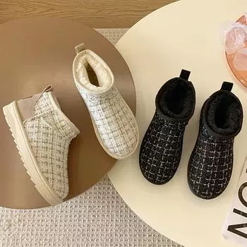 Новые зимние сапоги в стиле зимних ботинок, короткие мини-сапоги из овчины, женские клетчатые ботильоны из натуральной шерсти, теплые ботильоны на меховой подкладке, плоские туфли D196 35