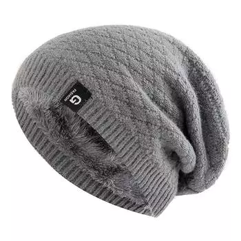 Новые зимние шапки унисекс с напуском и меховой подкладкой для мужчин и женщин, теплая шапка-бини, повседневная этикетка с декором, зимние вязаные шапки 55cm-60cm чёрный