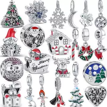 Новые зимние снежинки, снеговик, дом, елка, бусины Санта-Клауса, подходят оригинальные подвески, браслет, сделай сам, серебро 925 пробы, ювелирные изделия