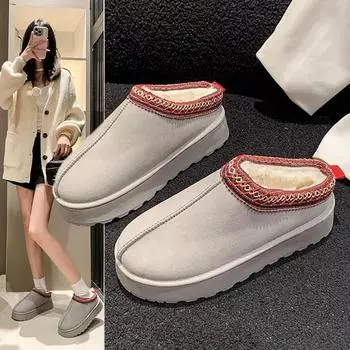 Новые зимние тапочки Baotou для женщин, модные замшевые плюшевые нескользящие толстые хлопковые сапоги с круглым носком и глубоким носком 36 чёрный