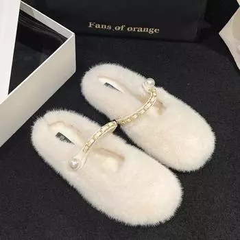 Новые зимние тапочки Baotou, женские модные замшевые тапочки с круглым носком, металлическая цепочка, мягкая подошва, нескользящая плоская обувь 35 чёрный