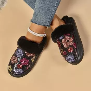Новые зимние тапочки Baotou женские с круглым носком и глубоким ртом из пайеток на толстой подошве из нескользящего хлопка 36 чёрный