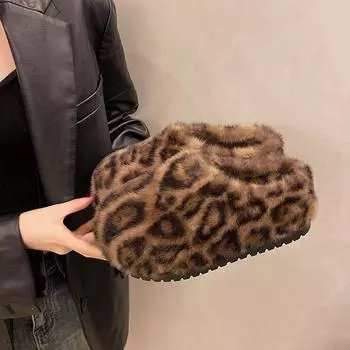 Новые зимние тапочки Baotou женские с круглым носком и глубоким зевом из леопардовой замши с толстой подошвой, противоскользящие, износостойкие, из хлопка 35 бежевый