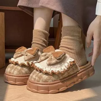 Новые зимние тапочки из хлопка с бантом для женщин, работающих дома, толстая подошва, увеличивающая рост, с бархатной подкладкой, теплая обувь 36-37 зелёный