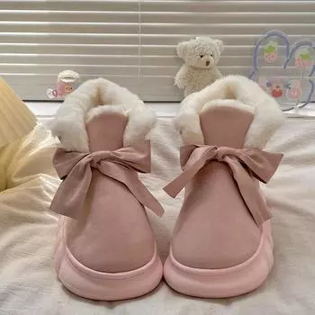 Новые зимние теплые тапочки, женские домашние напольные туфли, мягкие плюшевые женские домашние уличные зимние ботинки на шнуровке, обувь на платформе для девочек 36-37 розовый