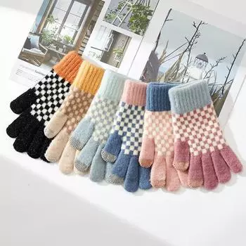 Новые зимние теплые вязаные перчатки для сенсорного экрана для женщин, клетчатые, плюс бархатные шерстяные перчатки в тон average size